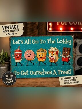 Movie Theater Snack Sign "Let's All Go To The Lobby" Retro Popcorn Candy Soda